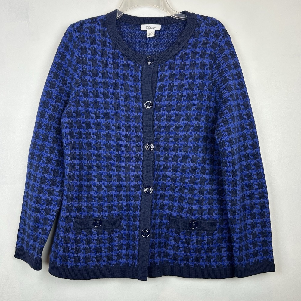 Houndstooth Cardigan Sweater Women Medium Preppy Academia Old Money Quiet Luxury